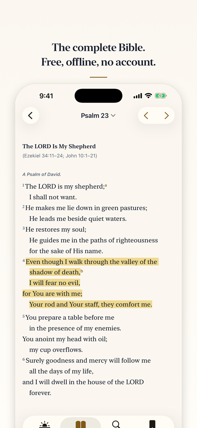 Psalm 23 in Lamp & Line, set as poetry with hanging lines, under the caption “The complete Bible. Free, offline, no account.”