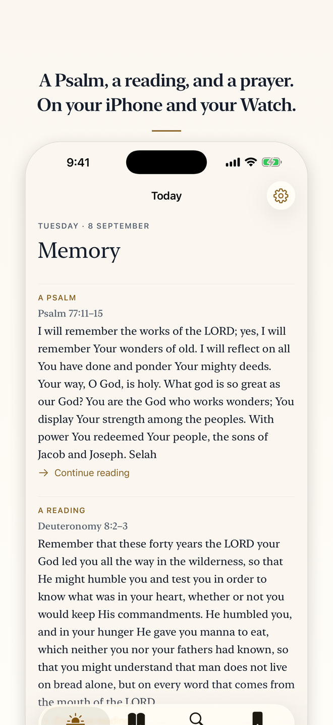 The Today screen: one Psalm, one short reading, and one prayer, under the caption “A Psalm, a reading, and a prayer. On your iPhone and your Watch.”